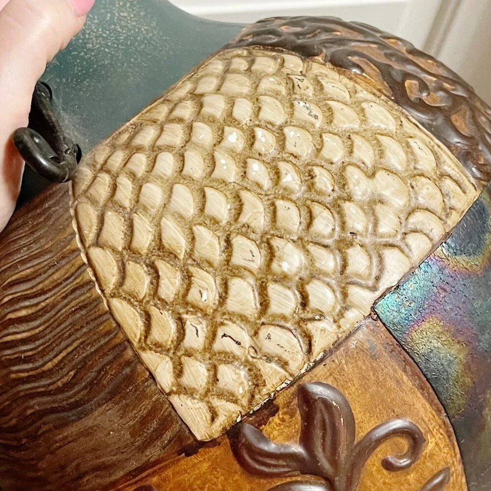 Pier 1 Vase Tan Turquoise Blue Multi Color Texture Pattern Ceramic Metal Unique!